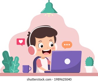 Student Kid Learning Online at Home. Child Happy using Laptop Computer for Study. Online Education for Social Distance Concept. Flat Vector Illustration.