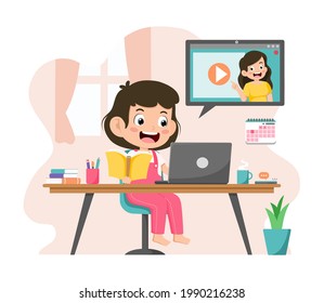 Student Kid Learning Online at Home. Child Happy using Laptop Computer for Study. Online Education for Social Distance Concept. Video course form teacher at school for exam. Flat Vector Illustration.