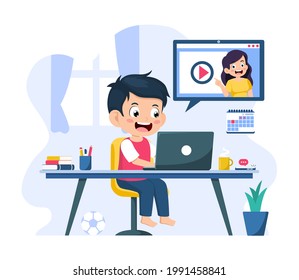 Student Kid Learning Online at Home. Child Happy using Laptop Computer for Study. Online Education for Social Distance Concept. Video course form teacher at school for exam. Flat Vector Illustration.