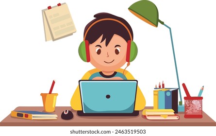Student kid learning online at home. Students using the platform to access course materials, take quizzes, and collaborate with classmates