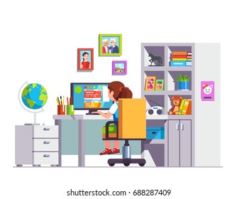 Student kid sitting at home office desk, doing school homework, surfing web on desktop computer. Modern girls room interior with rolling chair, table, books & toys. Flat vector isolated illustration.