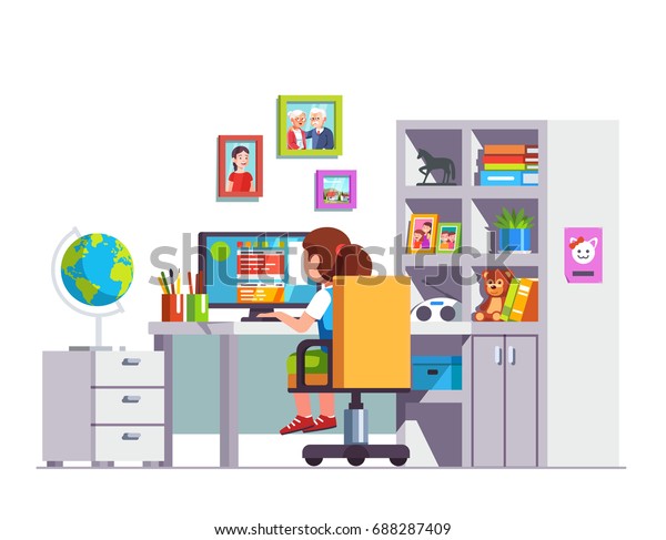 Student kid sitting at home office desk,\
doing school homework, surfing web on desktop computer. Modern\
girls room interior with rolling chair, table, books & toys.\
Flat vector isolated\
illustration.