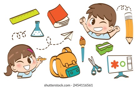 student kids back to school concept and studying various subjects in the classroom with fun.