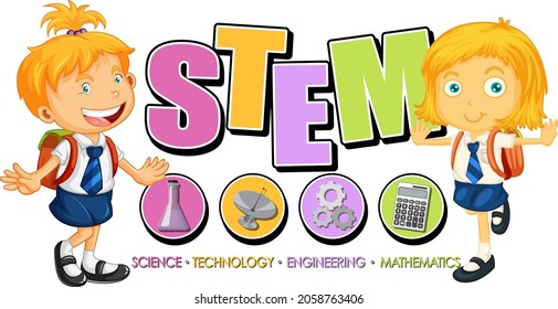 Student kids cartoon character with STEM education logo illustration