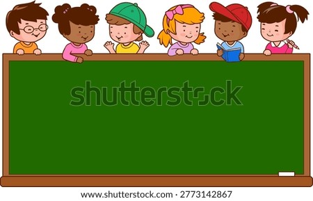Student kids in the classroom at school, reading books and writing on the chalkboard. Blackboard background border with little children, boys and girls. Vector Illustration