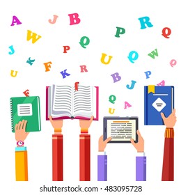 Student kids hands holding up in hands opened book, textbook, notebook and tablet computer. Flat style modern vector illustration isolated on white background.