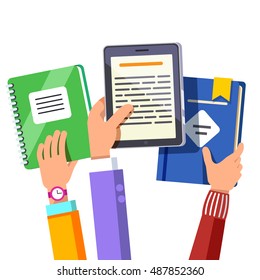 Student kids hands holding up in hands opened book, textbook, notebook and tablet computer. Flat style modern vector illustration isolated on white background.