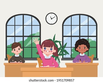 Niños estudiantes aprendiendo y respondiendo en el aula. De vuelta a la escuela concepto de caricatura de fondo.