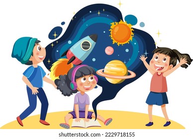 Student kids learning astronomy illustration