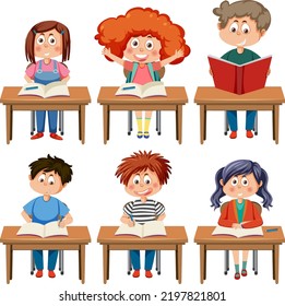 Student kids on the tables set illustration
