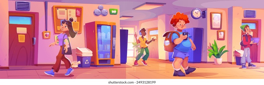 Student kids and teens walking in school hall during break. Cartoon vector education building corridor interior with lockers and classroom doors, window and bulletin board, bell and wall clock.