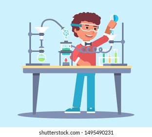 Student in laboratory flat vector illustration. Young boy, scientist in protective glasses pouring liquid in lab glassware cartoon character. Pupil doing experiment, test at chemistry lesson at school