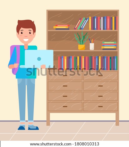 Student with laptop and backpack smiling, pupil standing near cabinet with books and decoration, young guy or boy portait and modern technology, vector cartoon character studying in internet