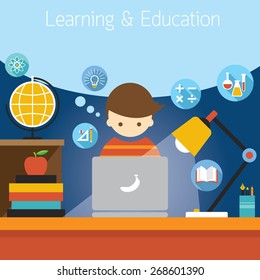 Student with Laptop Computer Education Concept and Icons, Learning and Study in Flat Design Style