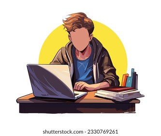 Student with laptop, education or studying concept vector illustration. A young boy studying on a laptop.