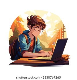 Student with laptop, education or studying concept vector illustration. A young boy studying on a laptop.