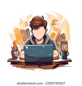 Student with laptop, education or studying concept vector illustration. A young boy studying on a laptop.