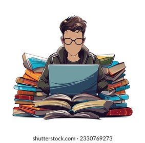 Estudiante con portátil, educación o estudio de ilustración vectorial conceptual. Un niño estudiando en una laptop.