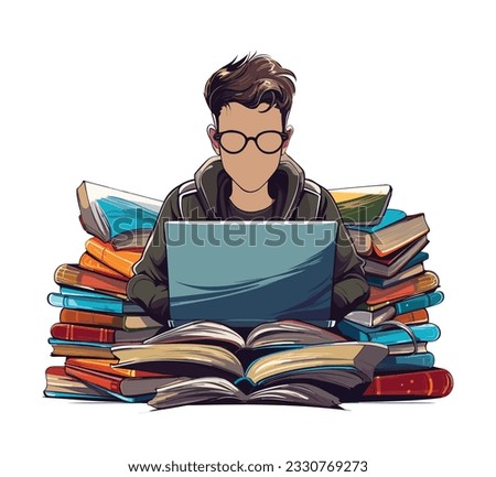 Student with laptop, education or studying concept vector illustration. A young boy studying on a laptop.