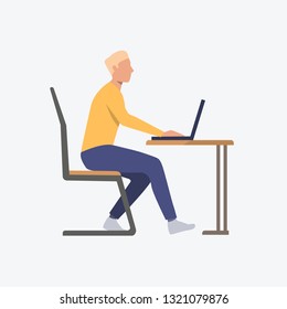 Student at laptop flat icon. Man sitting at desk, using computer, working. Communication concept. Can be used for topics like class, office, freelance