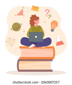 Student With Laptop. Girl Sits Us On Firebox Of Books With Laptop. Distance Learning, Education. Girl Looking For Information On Internet, Modern Technology. Cartoon Flat Vector Illustration