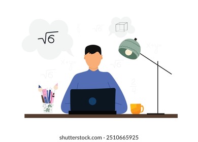 Student with laptop at home schooling illustration on white isolated background. Student education moments in flat distance work concept. For educational design, freelance, online work.