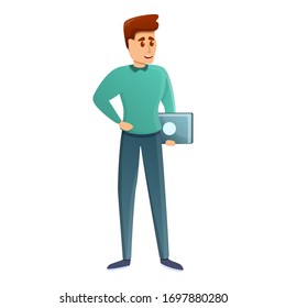 Student with laptop icon. Cartoon of student with laptop vector icon for web design isolated on white background