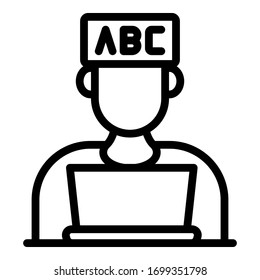 Estudiante en el icono del portátil. Esbozar alumno en el icono del vector del portátil para el diseño web aislado en fondo blanco