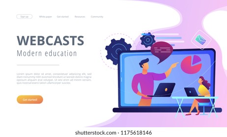 Student with laptop and lector at the LCD screen. Webcasts and modern education landing page. Web seminars, webinars and peer-level web meetings, violet palette. Vector illustration on background.