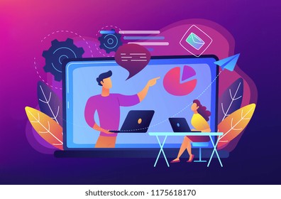 Student with laptop and lector at the LCD screen. Webinar, web seminars, webcasts, and peer-level web meetings. Modern education and sessions concept. Vector illustration on ultraviolet background.