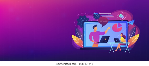 Student with laptop and lector at the LCD screen. Online webinar landing page. Webinar, web seminars and peer-level web meetings, modern education. Header or Footer banner.