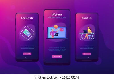 Student with laptop and lector at the LCD screen. Online webinar landing page. Webinar, web seminars and peer-level web meetings, modern education. App interface template.