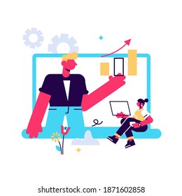 Student with laptop and lector at the LCD screen. Webinar, web seminars, webcasts, and peer-level web meetings. Modern education and collaborative sessions concept. Colorful vector illustration