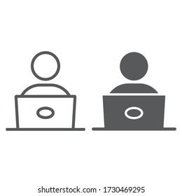 Student with laptop line and glyph icon, education and school, male worker sign vector graphics, a linear icon on a white background, eps 10