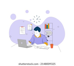 A student with a laptop on distance learning. Vector image. For the website.