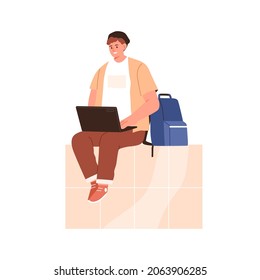 Student with laptop on knees and backpack. Happy young man sit and surf internet with computer, learning online. Modern person use social media. Flat vector illustration isolated on white background