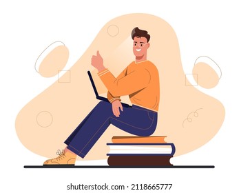 Estudiante con portátil de rodillas. Hombre sentado en un montón de libros y estudiando cursos en línea. El tipo usa las redes sociales o internet. Educación a distancia en la universidad o la escuela. Dibujo vectorial plano de dibujos animados