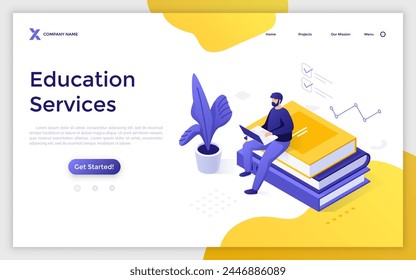 Student with laptop sitting on books stack at home. Education and knowledge sources concept isometric vector illustration. Entrepreneur studying on internet cartoon character for landing page