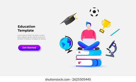 Student with a laptop sitting on books surrounded by educational and achievement symbols such as a globe, graduation cap, and trophy, symbolizing education and academic success
