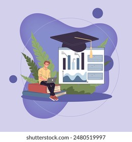 Student with laptop sitting on stack of books vector illustration. Online webinar window and huge graduation cap on background. Online education, training, e-learning concept