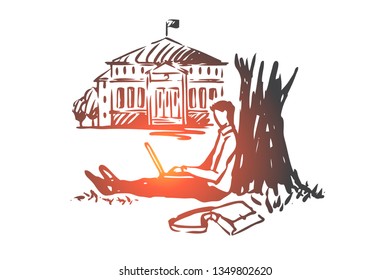 Student, laptop, tree, work, park concept. Hand drawn student working on laptop outdoor concept sketch. Isolated vector illustration.