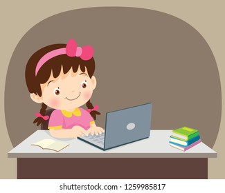 student with laptop,Illustration of Kid studying with the use of Laptop, notebook,girl using laptop