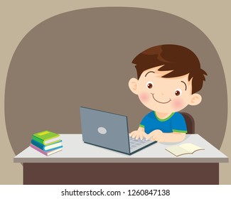 student with laptop,Illustration of Kid studying with the use of Laptop, notebook,Boy using laptop