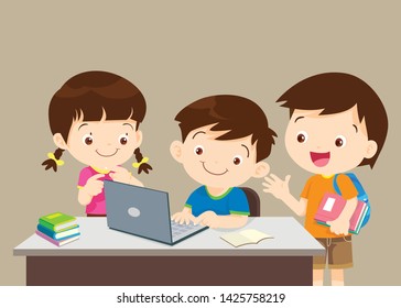 alumno con portátil, Ilustración de niño estudiando con el uso de portátil, portátil, niños y amigos utilizando una laptop