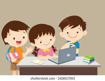 alumno con portátil, Ilustración de niño estudiando con el uso de portátil, portátil, niños y amigos utilizando una laptop