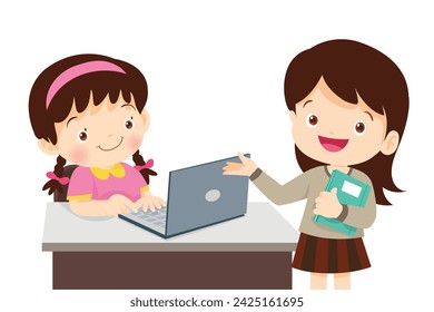 student with laptop,Illustration of Kid studying with the use of Laptop, notebook,Boy using laptop