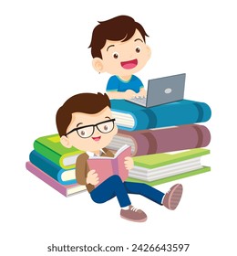 student with laptop,Illustration of Kid studying with the use of Laptop, notebook,Boy using laptop