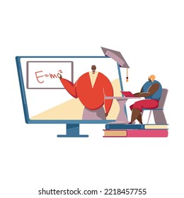 Student with laptops learning online, watching lecture or webinar on computer. Teacher giving video lesson. Vector illustration for distance education, internet course concept