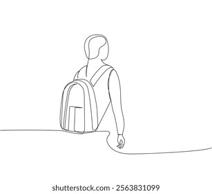 Student with a large backpack, school supplies one line art. Continuous line drawing of online learning, knowledge, study, school uniform, bag, education.