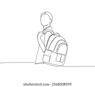 Student with a large backpack, school supplies one line art. Continuous line drawing of online learning, knowledge, study, school uniform, bag, education.